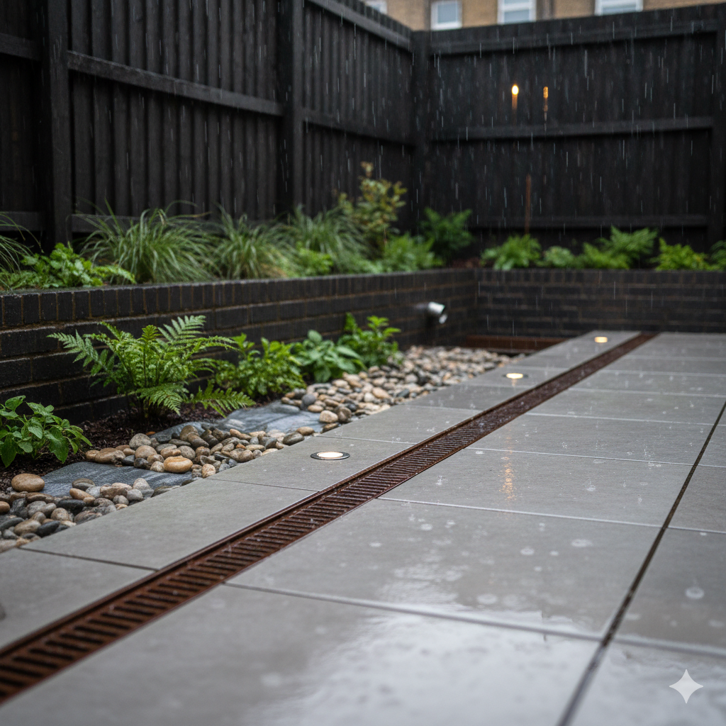 High quality paving installation with garden lights